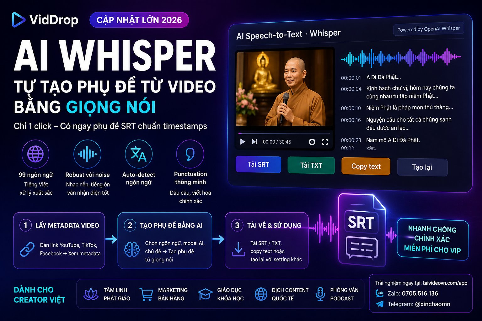 VidDrop AI Whisper Tạo Phụ Đề Video Tự Động 2026
